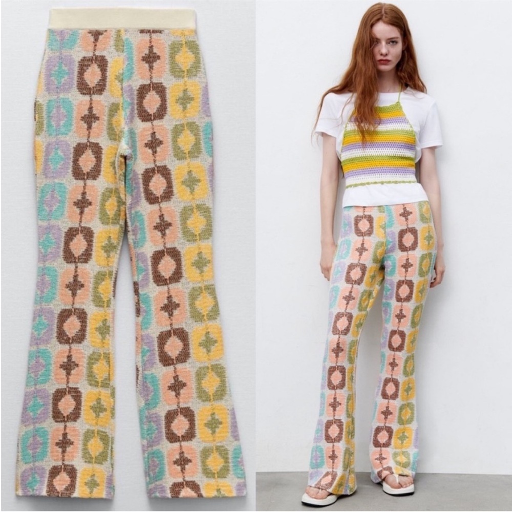 Zara Pastel Multicolor Patterned Boot Cut Pants
